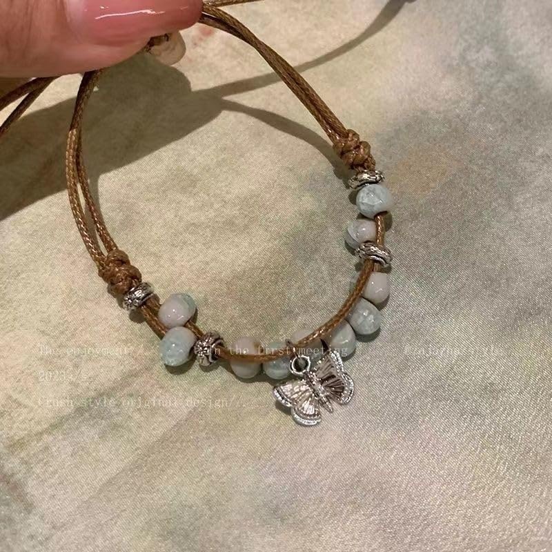2Pcs Boho Bracelets for Women Vintage Ceramic Bead Bracelet with Butterfly Charm Braided Adjustable Rope Bracelet Light Blue & Light Green Beaded Stackable Bracelets Unique Gift for Friends - Image 9