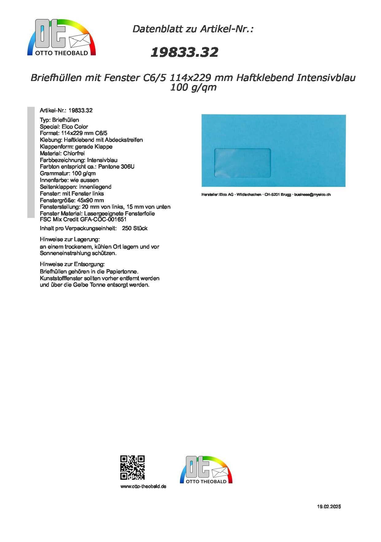 Blaue Elco Color Briefumschläge mit Fenster (lasertauglich) / 114 x 229 mm (DL) / mit Abziehstreifen/haftklebend / 250 Stück