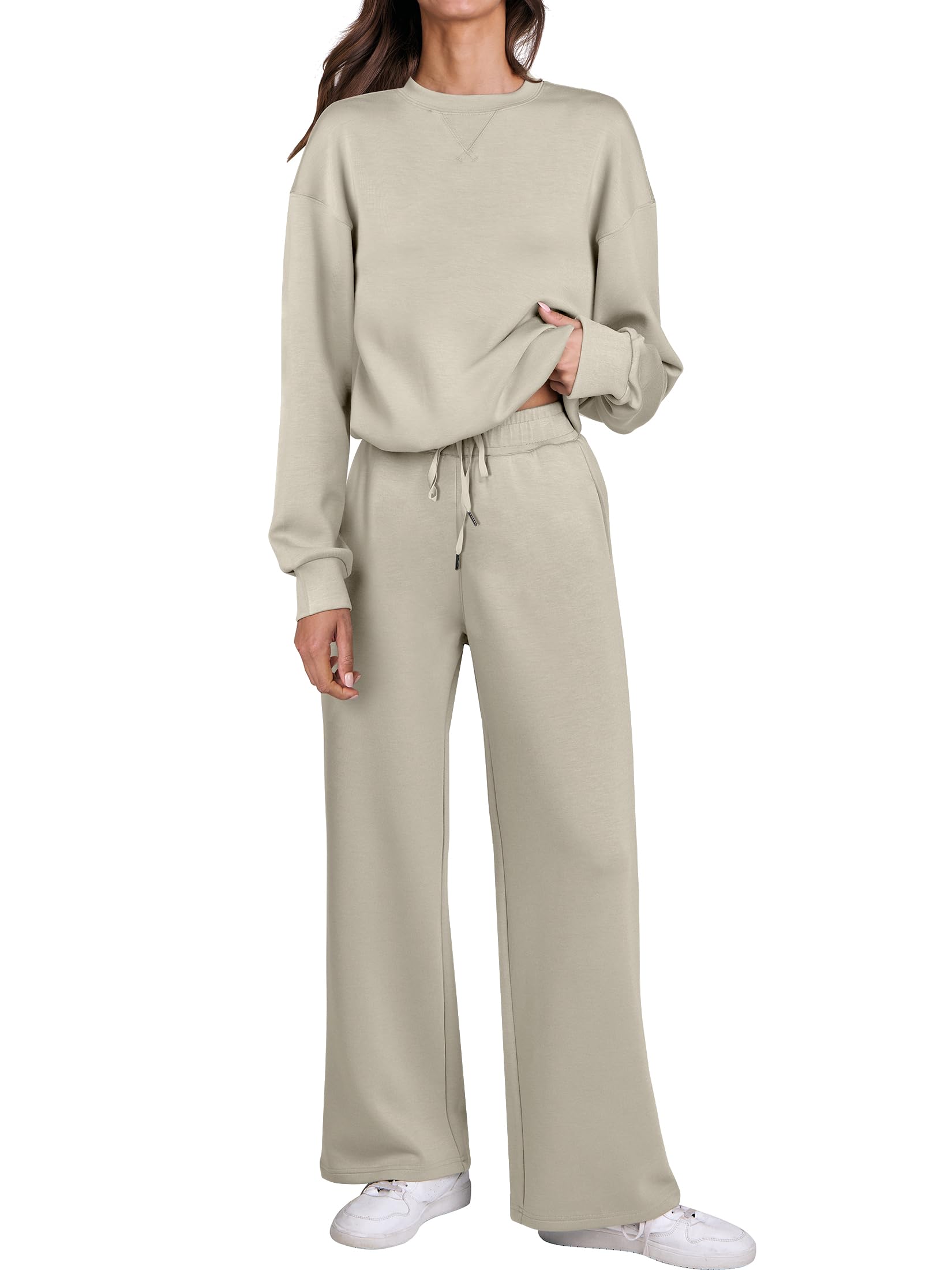 Caracilia Women's 2 Piece Outfits Sweatsuit Fall Crewneck Sweatshirts Wide Leg Pants Lounge Matching Sweat Sets Tracksuit