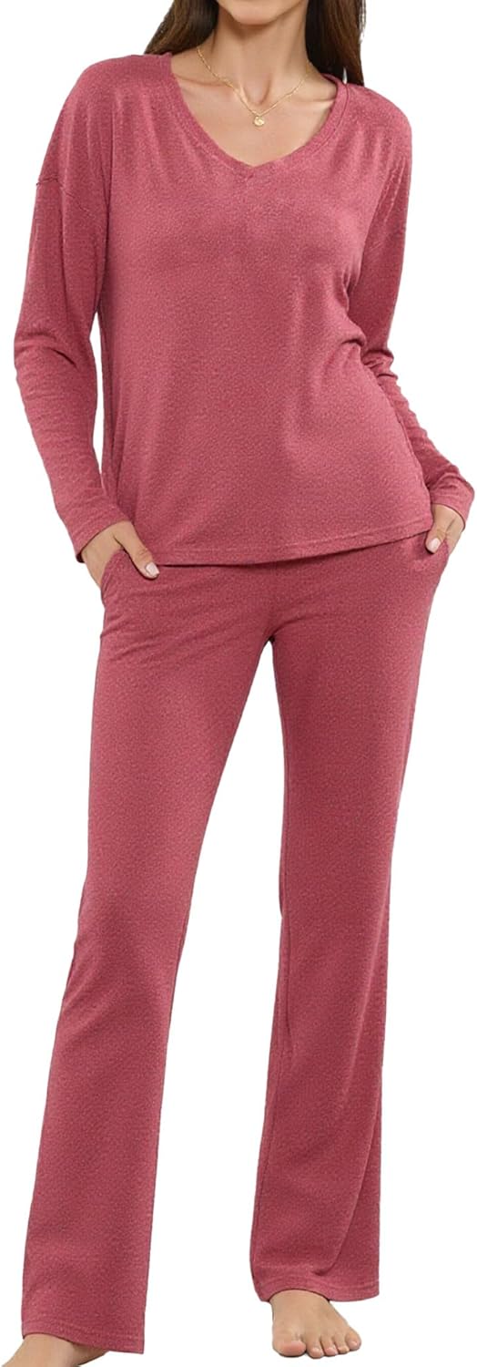 HEARTNICE Women's Ultra Soft V-Neck Long Sleeve Pajama Set - Lightweight & Stretchy PJs for Cozy Nights