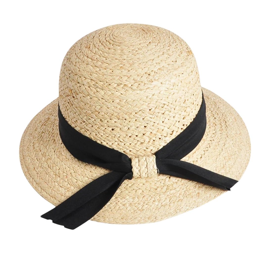 EYRMQWJPC Wide Brim Sun Hat, Khaki Raffia Beach Sun Hat Wide Brim Fedora For Women