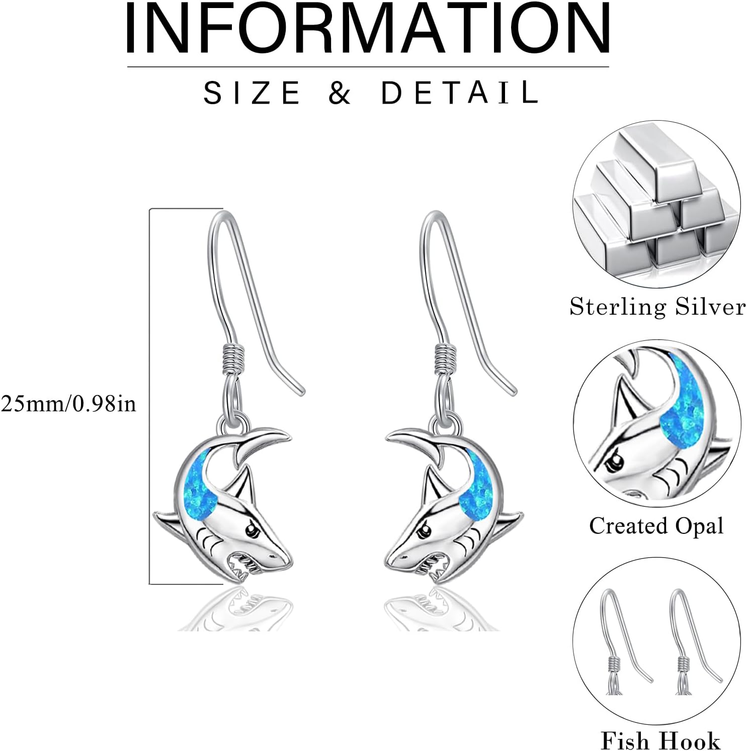 Dreamboat Shark Dangle Drop Earrings for Women 925 Sterling Silver Blue Opal Ocean Animal Dangling Hook Jewelry Gifts for Sharks Lovers