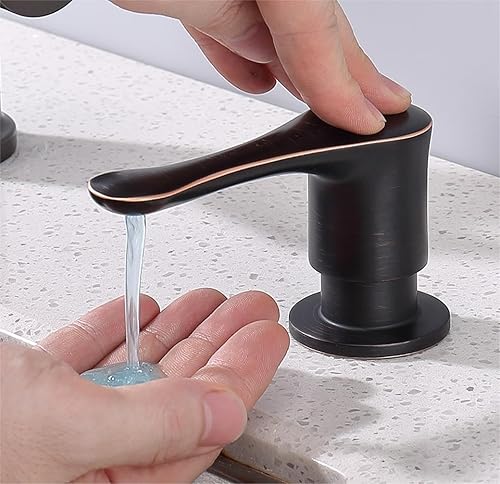 Dispensador de jabón para fregadero de cocina, bronce aceitado, cabezal de bomba de latón macizo, botella recargable, resistente a las manchas de