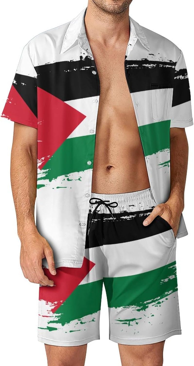 Mens Panama Flag Hand Drawn 2 Piece Short Sleeve Casual Button Down Shirt And Shorts Suits