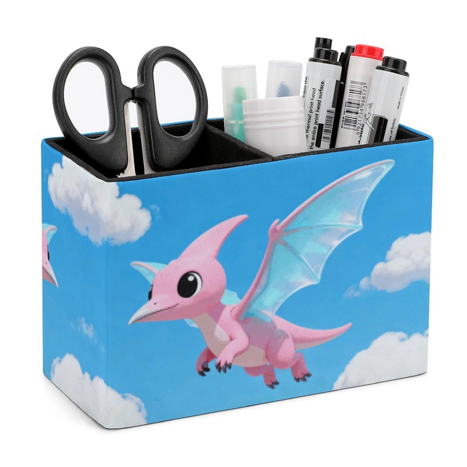 LZQPOEAS Exquisite Patterns PU Leather Pen Holder, Multifunctional Desktop Organizer Caddy with 2 Compartments, Dinosaur Pencil Cup Makeup Brush Holder for Office Home