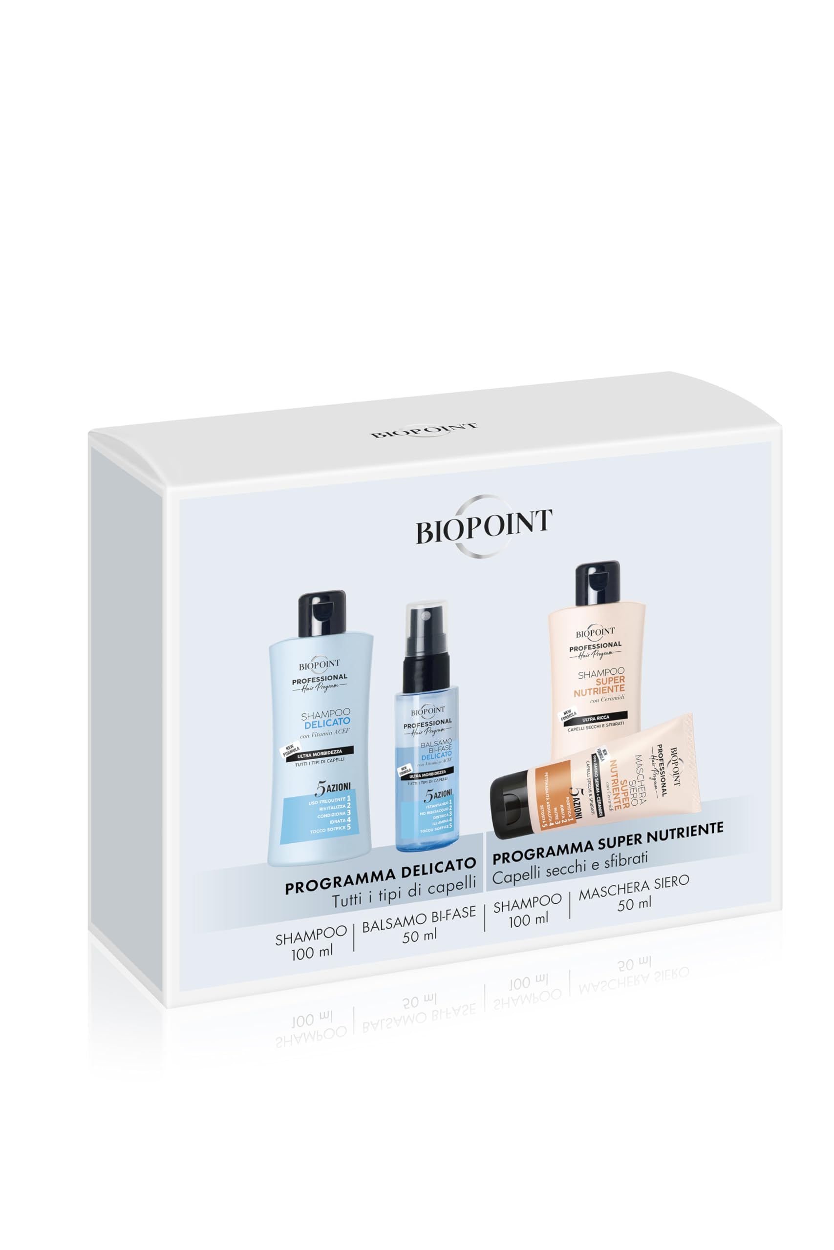 Biopoint Profesjonalny program do włosów - Minisize Travel szampon i odżywka, delikatny szampon 100 ml i odżywka dwufazowa 50 ml, super odżywczy szampon 100 ml i maska 50 ml, zestaw podróżny
