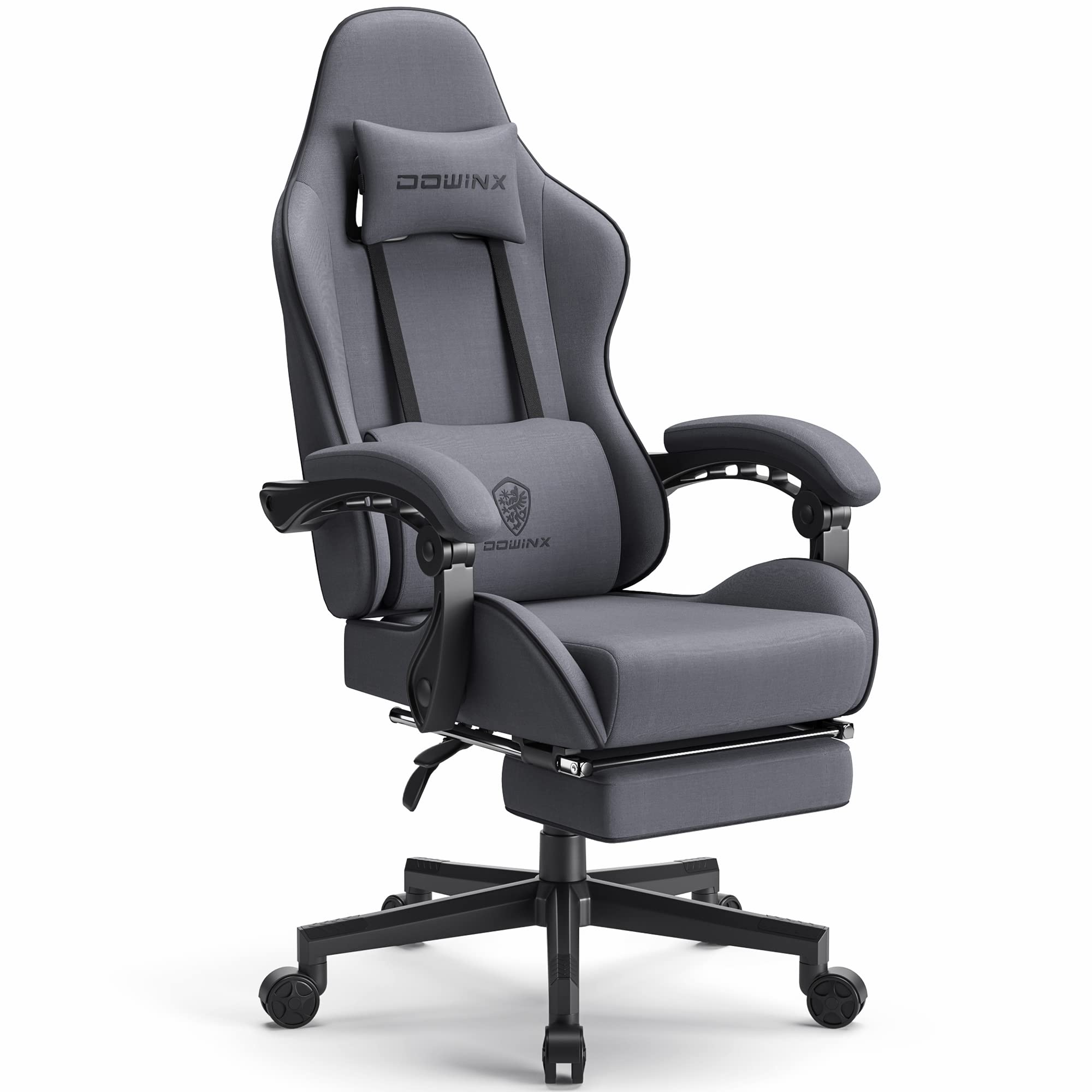 Silla Gaming Ergonómica de Tela con Cojín de Muelles, Silla Gamer con Reposacabezas, Soporte Lumbar y Reposapiés, Soporta 150kg, Ideal para Gaming y Oficina​, Gris