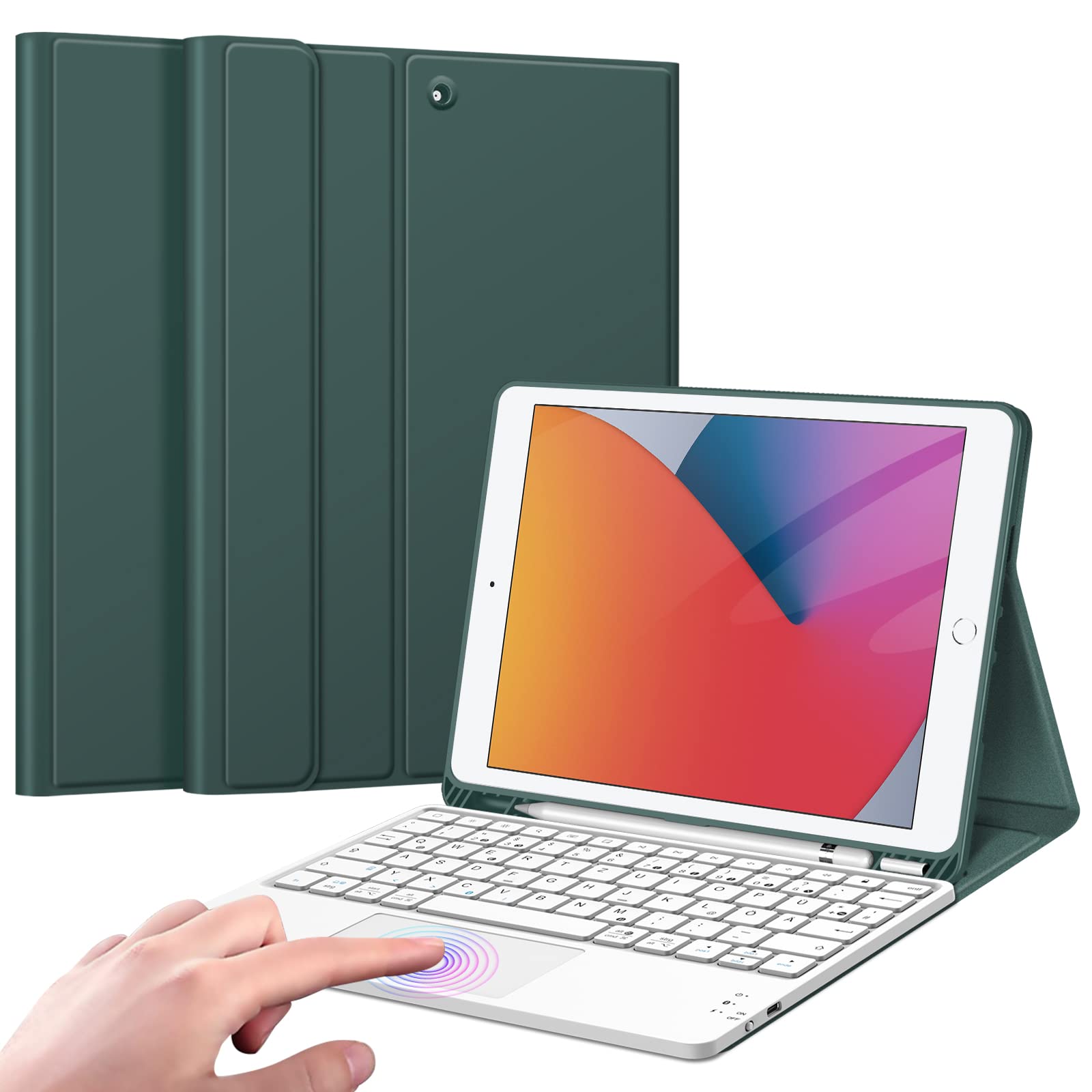 FINTIE Hülle mit Tastatur für iPad 9./8./7. Generation (10.2 Zoll) | Magnetisch abnehmbare deutsche Bluetooth-Tastatur mit Touchpad, weiche Schutzhülle mit Stifthalter, Nachtgrün