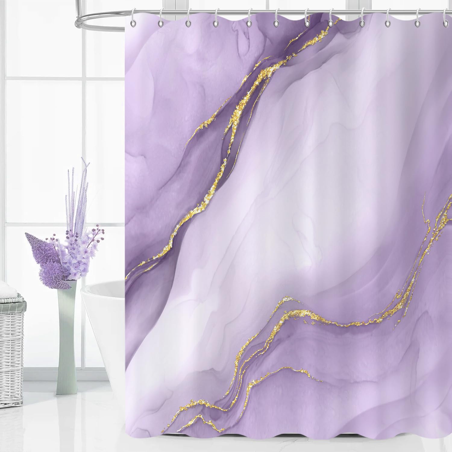 GCIREC Shower Curtain, 200x180cm, Light Purple Gradient with Gold Marble Modern Art Waterproof Fabric Machine Washable Bathroom Curtain with Hooks
