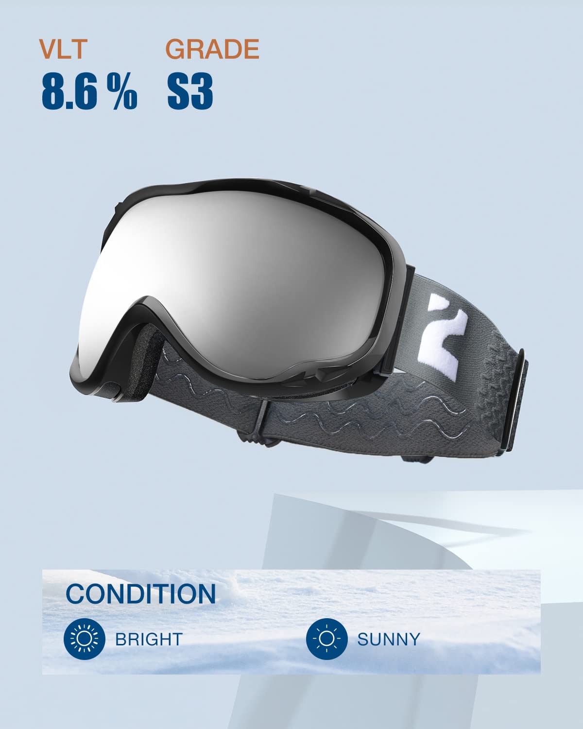 ZIONOR Lagopus Ski Snowboard Goggles UV Protection Anti fog Snow Goggles for Men Women Adult Youth VLT 8.6% Black Frame Silver Lens