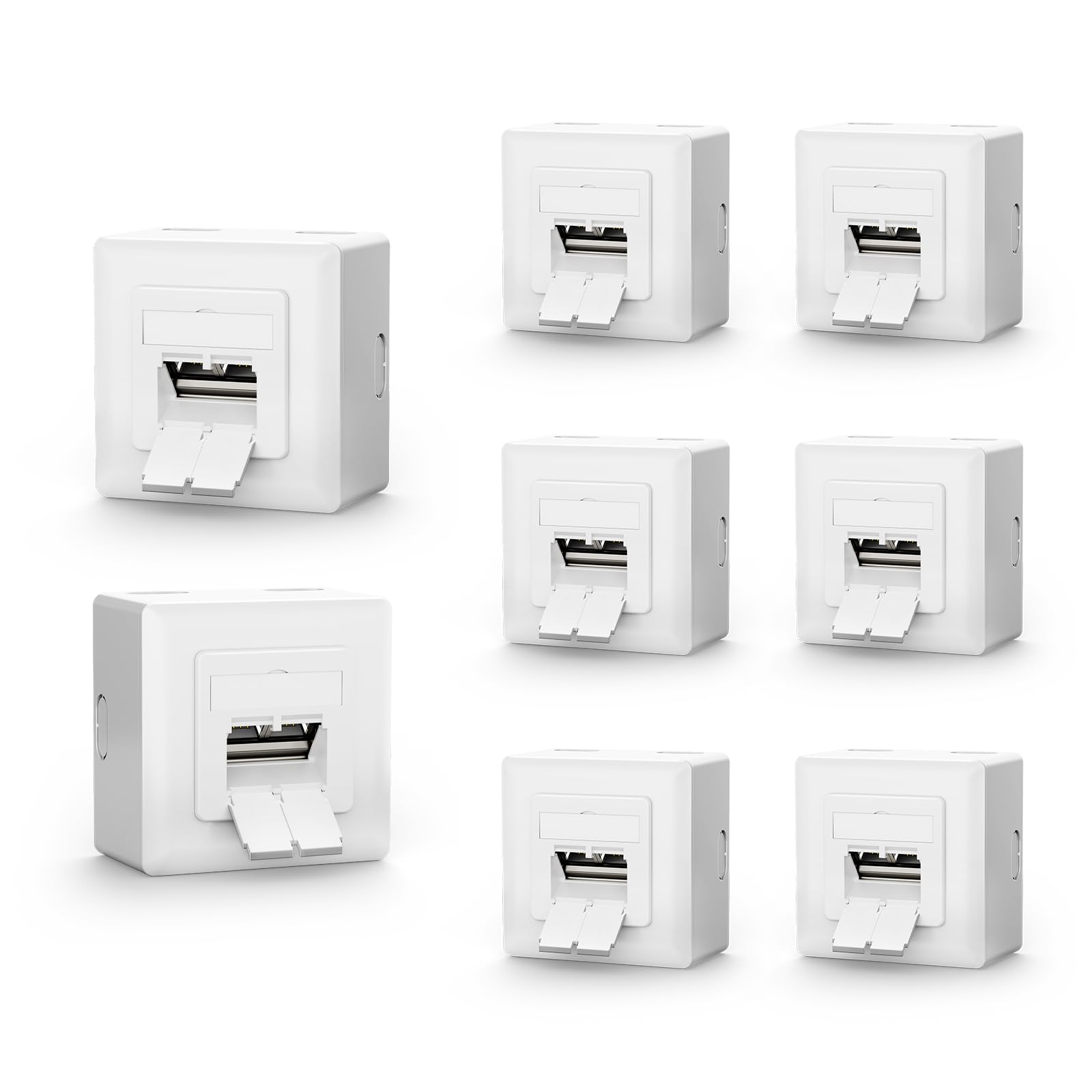 VCELINK Prise Réseau Cat6A FTP Blindée, 2 Ports RJ45, Blanc, Lot de 8 | 2 ports rj45, montage mural saillie ou encastré, compatible câble ethernet installation, support poe pour réseau domestique
