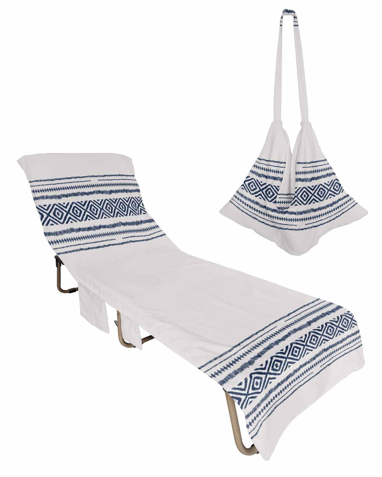 Boho Blue Beach Chair Towel Covers for Chaise Lounge with Side Pocket, Soft Plush Pool Towels Cover for Patio Sunbathing Outdoor Rustic Geometric Stripes Farmhouse Tribal Bohemia 29''x85''