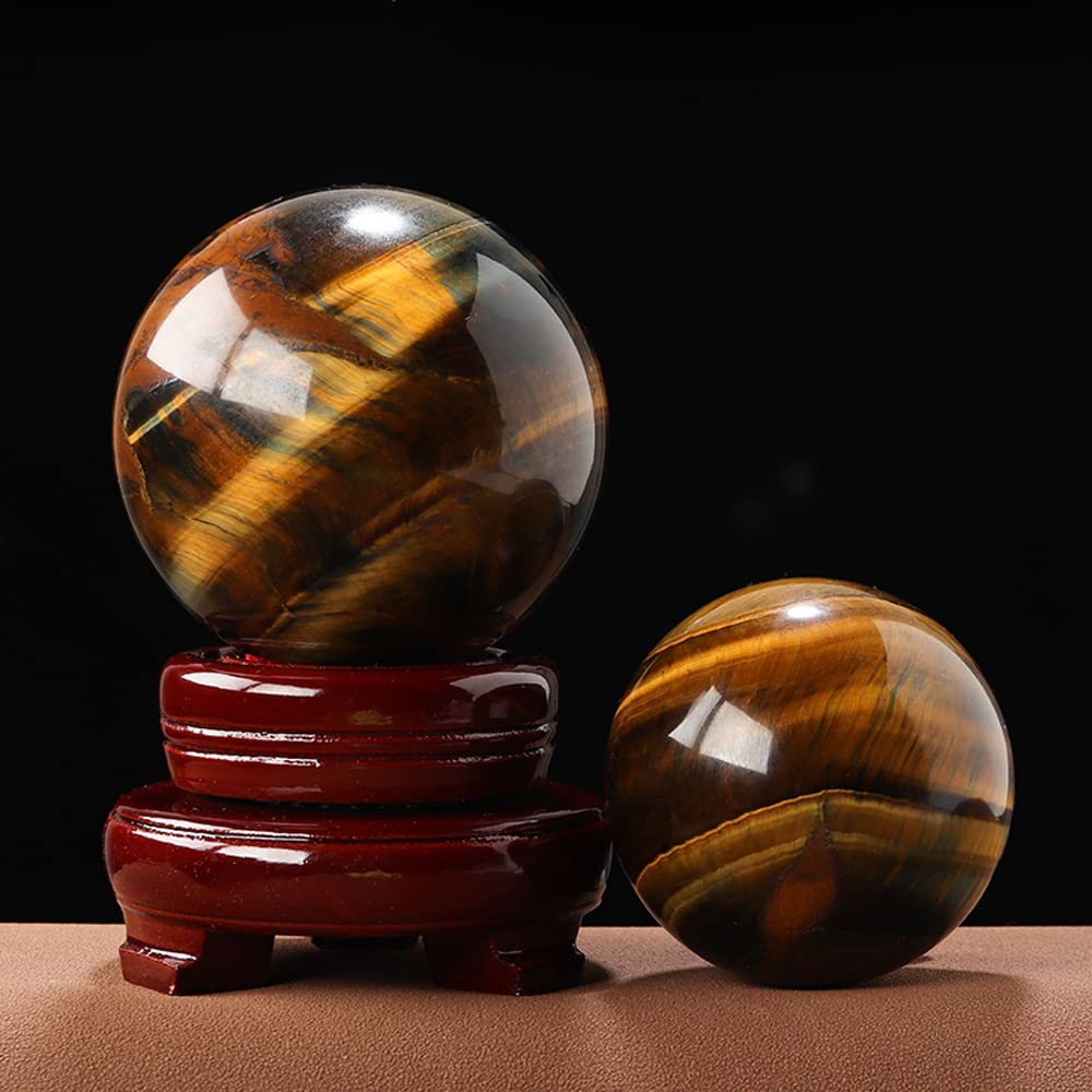 Natural Tiger Eye Healing Crystal Ball Gemstone Sphere with Wood Stand Sculpture Figurine for Reiki Divination Home Office Desk Decor (55-62mm)