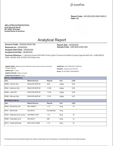 Miniatura 8 de Extracto de berberina 1600 mg con cardo mariano, canela de Ceilán y extractos de hierbas - Glucosa avanzada y apoyo metabólico - 120 cápsulas