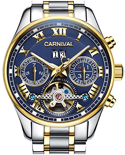 LOREO Men's Automatic tourbillon Multifunction Sapphire Gold Stainless Steel Waterproof Blue Dial Watch (Blue dial with Stainless Steel Band)