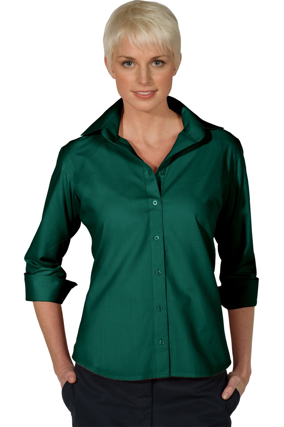 Edwards Garment Women's Open Neck 3/4 Sleeve Narrow Placket Poplin Blouse