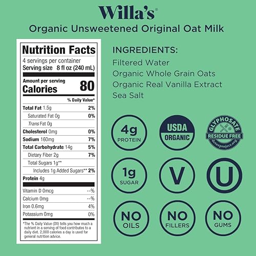 Miniatura 4 de Willa's Leche de avena orgánica sin azúcar, 32 onzas, 1 paquete - Solo 4 ingredientes simples avena orgánica, extracto de vainilla orgánica, sal