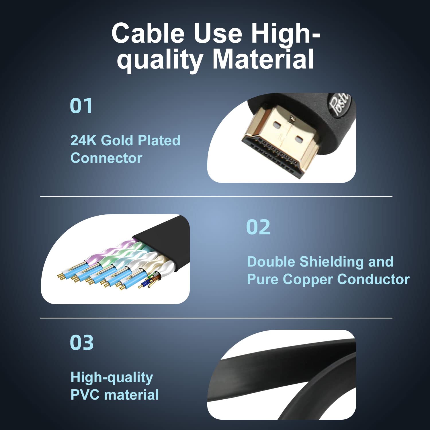 Postta Cavo piatto HDMI 2.0 TV cavo piatto HDMI 2.0 supporto 4K, Ultra HD, 3D, 2160p, 1080p, Ethernet e ritorno audio, nero-blu