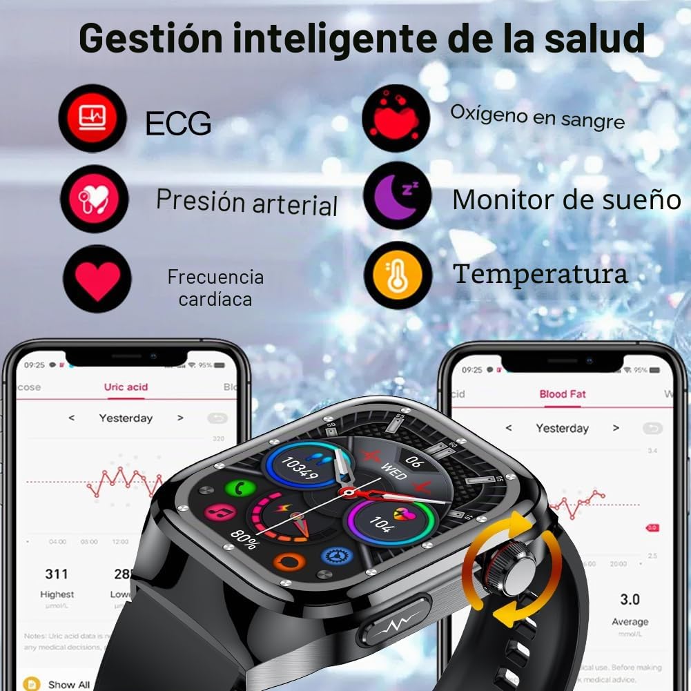 Reloj Inteligente ECG y Marcación Contestar Llamadas, 2,04" Smartwatch Impermeable con SpO2, Frecuencia Cardíaca para Android iOS
