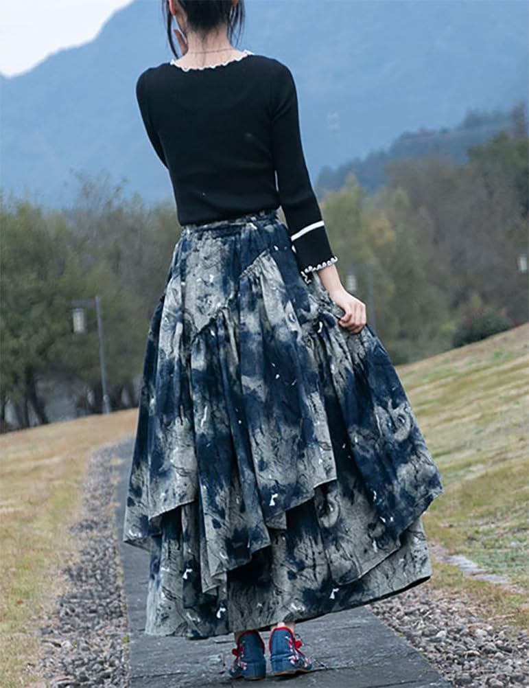 IDEALSANXUN Gonna lunga da donna con elastico in vita Aline foderato in cotone retrò Maxi orlo plissettato, Stampa 001, L