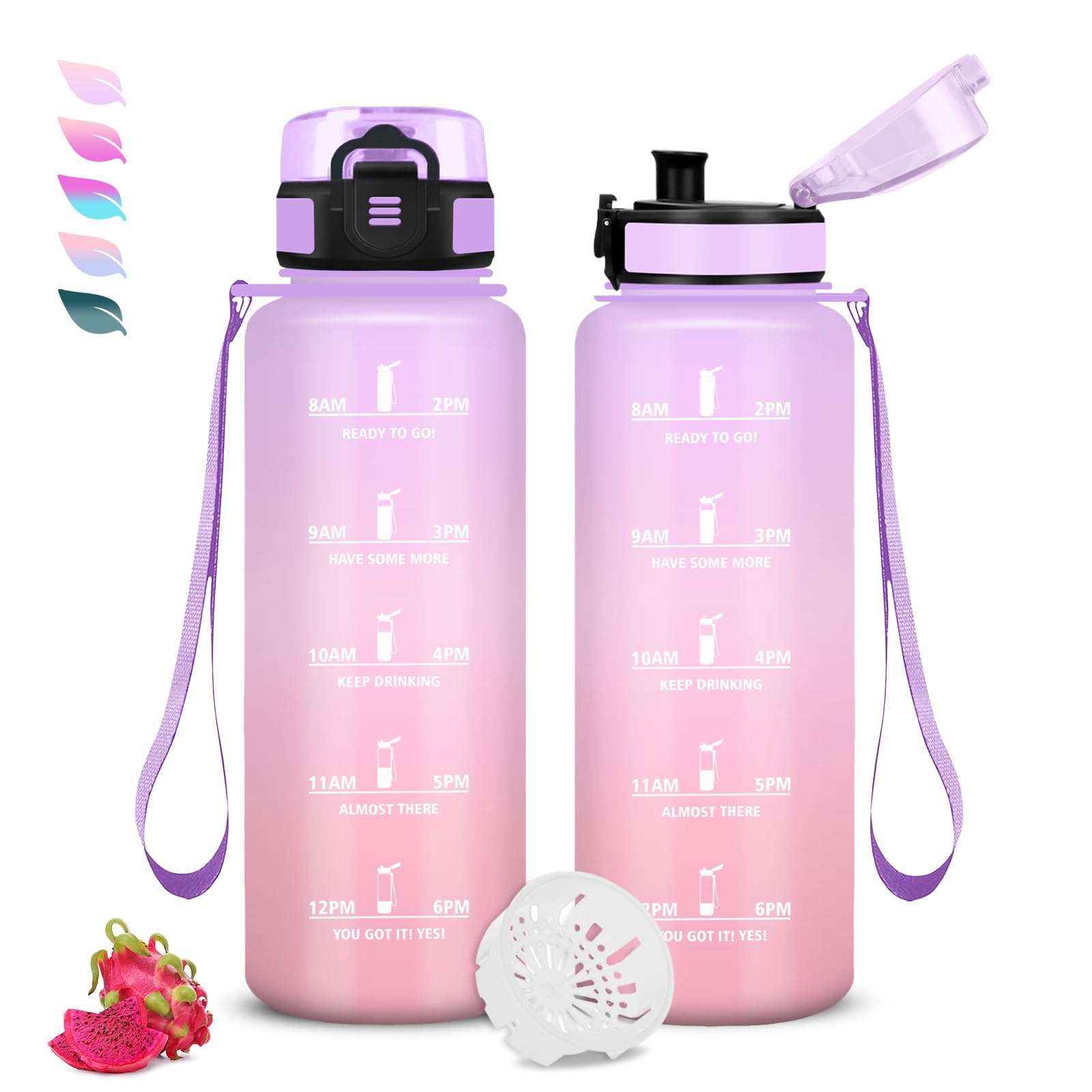 Trinkflasche 1.5l, Wasserflasche Sport, Trinkflasche Erwachsene, Wasserflasche Auslaufsicher, mit Zeitmarkierung und Filter, Leicht zu Reinigen, für Fitness, Fahhrad, Büro, Camping, Running, Gym
