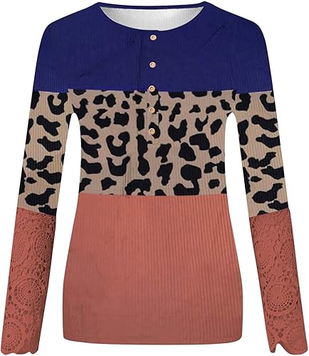 Miniatura 7 de Camisetas de talla grande para mujer de manga larga con encaje cuello en V con botones de punto acanalado ajustadas casuales básicas Rojo -