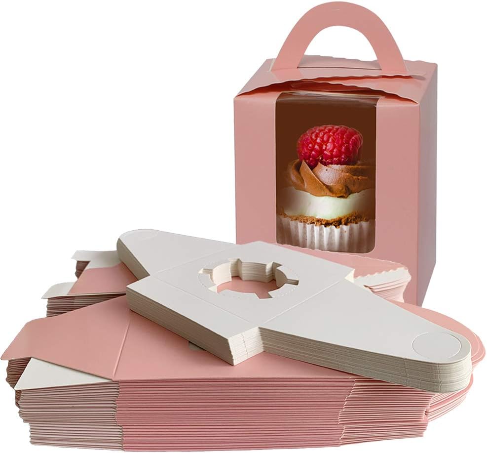 Leimaq Cupcake Boxes Individual 30Pcs Single Cupcake Carrier with Window Inserts Handle Bulk Cupcake Boxes Single Cupcake Container Cupcake Carrier for Wedding Birthday Party Treats Gift Packaging