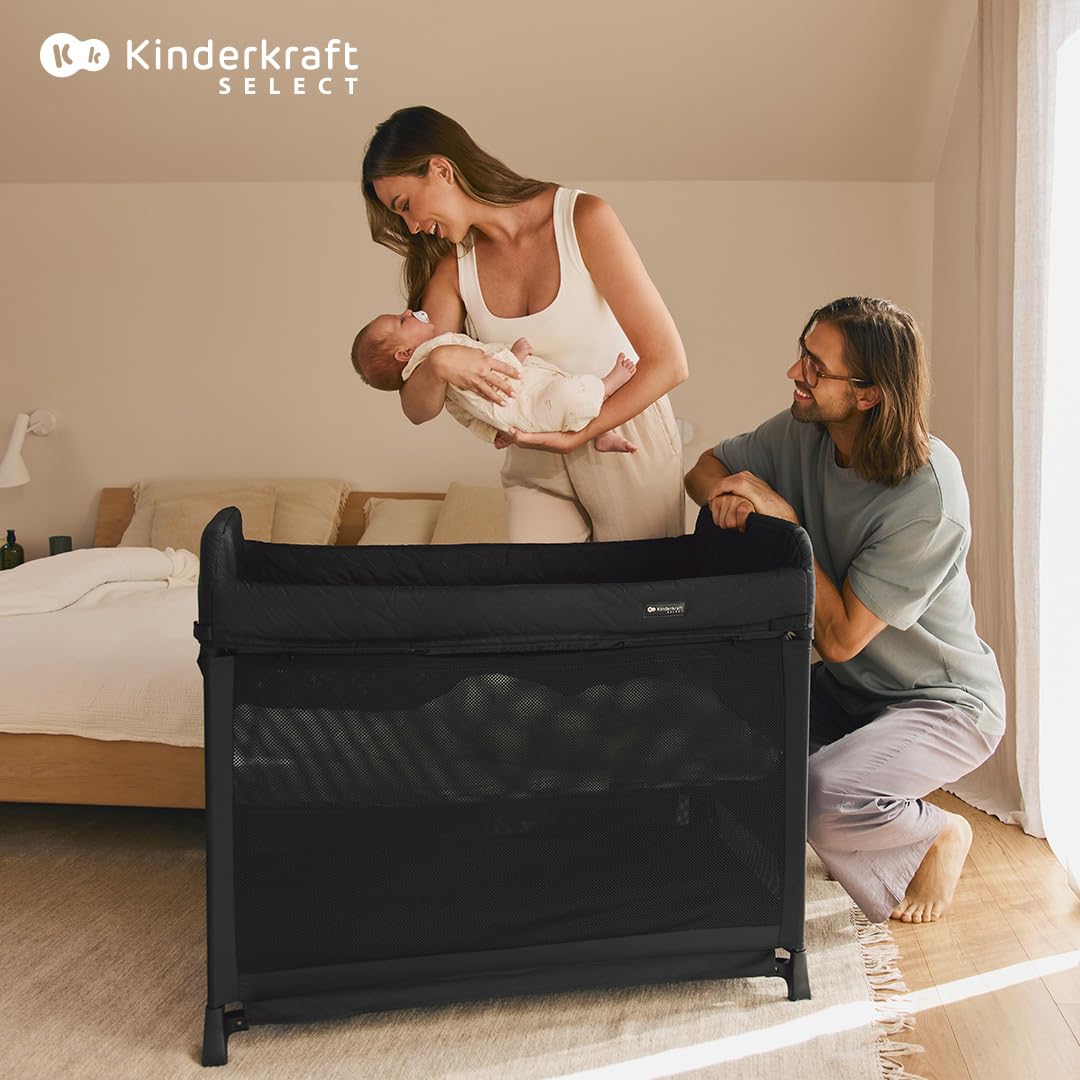KINDERKRAFT Moon Dream, Lit de Voyage de la Naissance jusqu'à 3 Ans, lit superposé pour bébé, se Plie Rapidement d'une Seule Main, Matelas et Sac de Transport Inclus, Nettoyage Facile, Noir