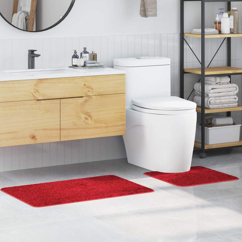2-TLG Badematten Set Rot, WC Vorleger mit Ausschnitt 50x50 cm und Badteppich 60x90 cm, rutschfeste Badezimmergarnitur aus Polypropylen