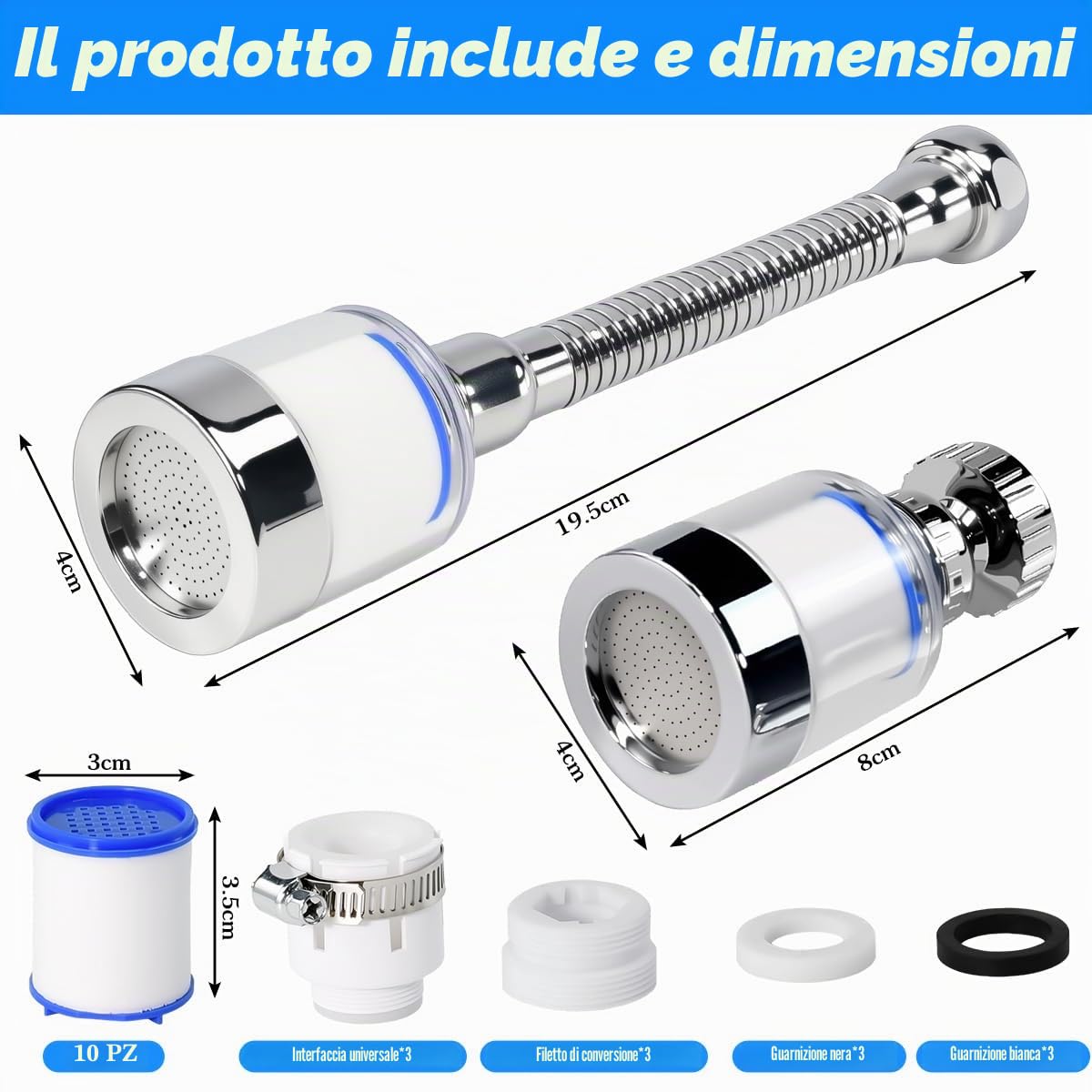3 filtri per rubinetto rubinetto girevole a 360° filtro dell'acqua con 10 elementi filtranti in cotone PP, filtro universale anticalcare, rubinetto, estensione del rubinetto per cucina e bagno