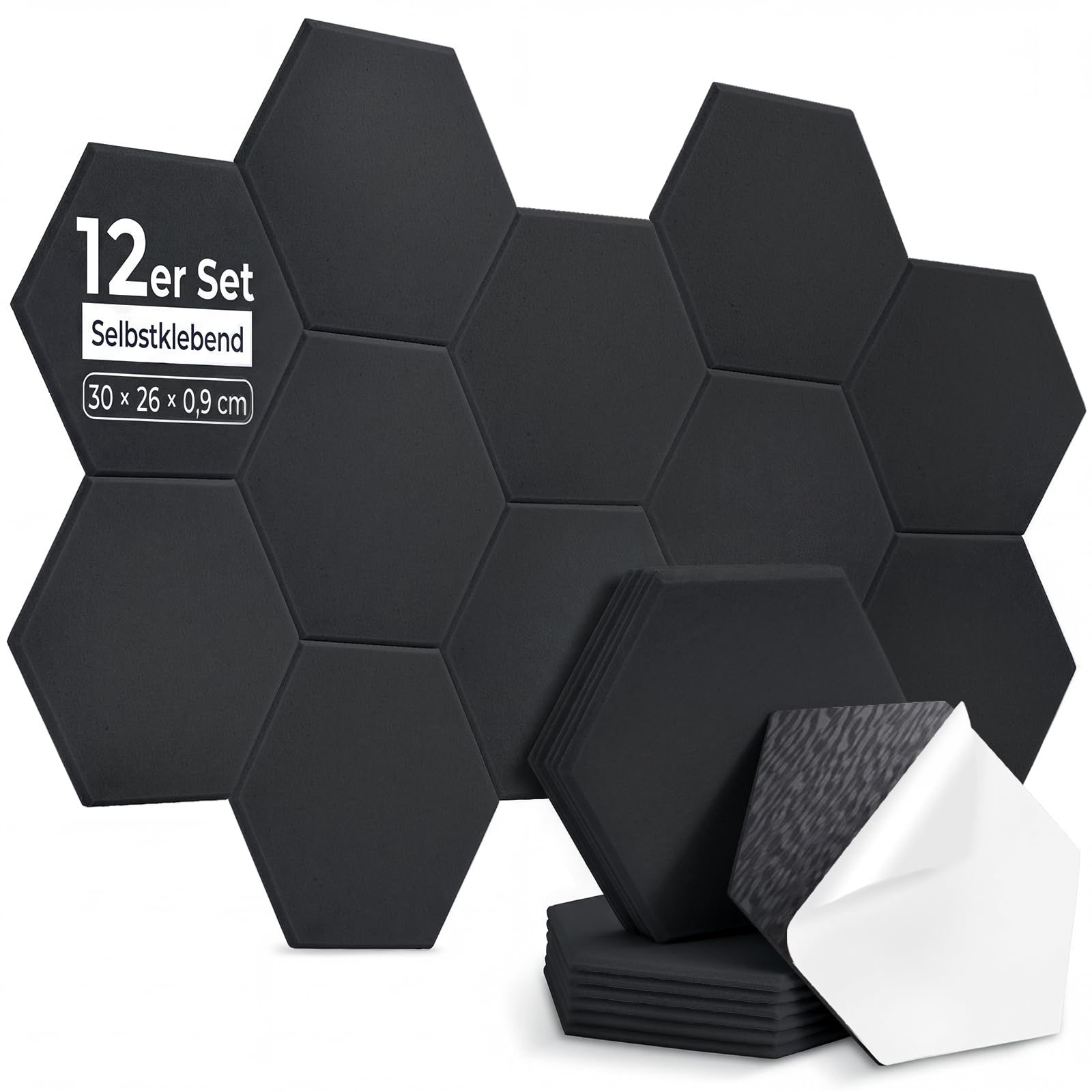12 pannelli acustici esagonali, autoadesivi, 30 x 26 x 0,9 cm, pannelli acustici ad alta densità, pannelli fonoassorbenti per studio, ufficio, trattamento acustico e decorazione da gioco, nero