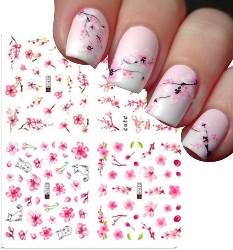 Miniatura 5 de Vezocim Calcomanías para arte de uñas, diseños holográficos de flores de cerezo para transferencia de agua, calcomanías de uñas de flores rosas,