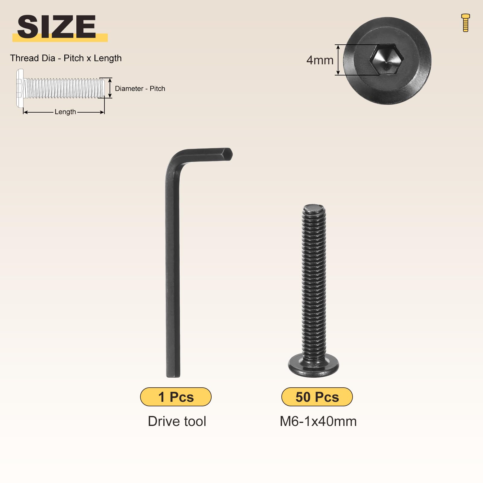 METALLIXITY Flat Head Hex Socket Cap Screws Bolts(M6-1x40) 50Pcs, with Wrench Steel Hex Socket Furniture Bolts Screws - Image 2