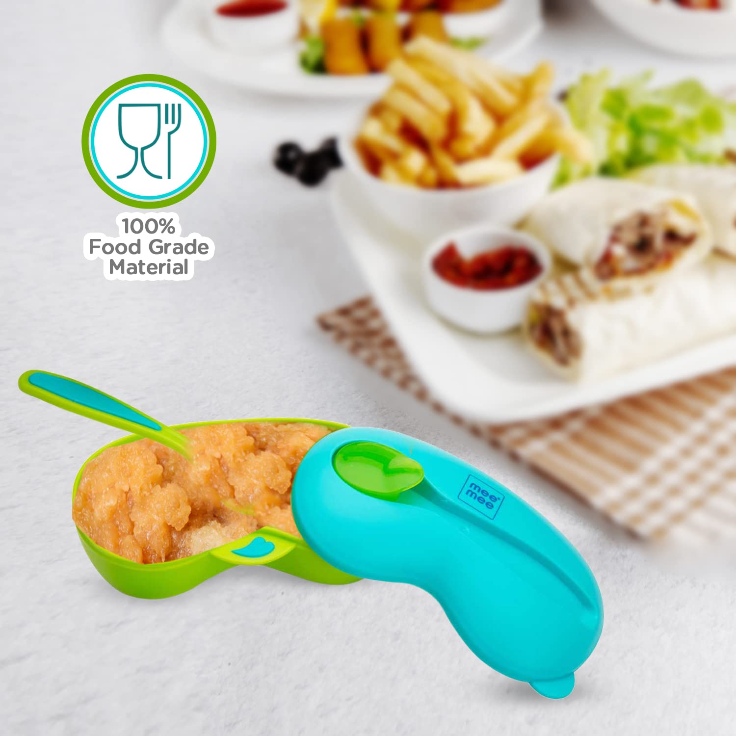 Mee Mee Air-Tight Feeding Curved Dish   with Spoon,Microwave Friendly and Easy to Use & Carry (Blue) - Image 5 thumbnail