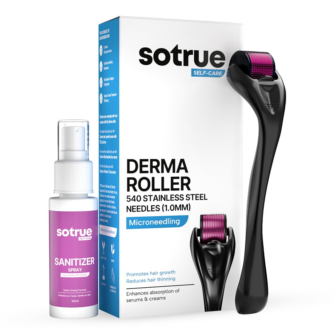Sotrue Derma Roller 1mm with Sanitizer | 540 Stainless Steel Needles | Derma Roller for Hair Growth & Thickening, Repair Damages and Activates Hair Follicles, Reduces Acne Scars (Black)