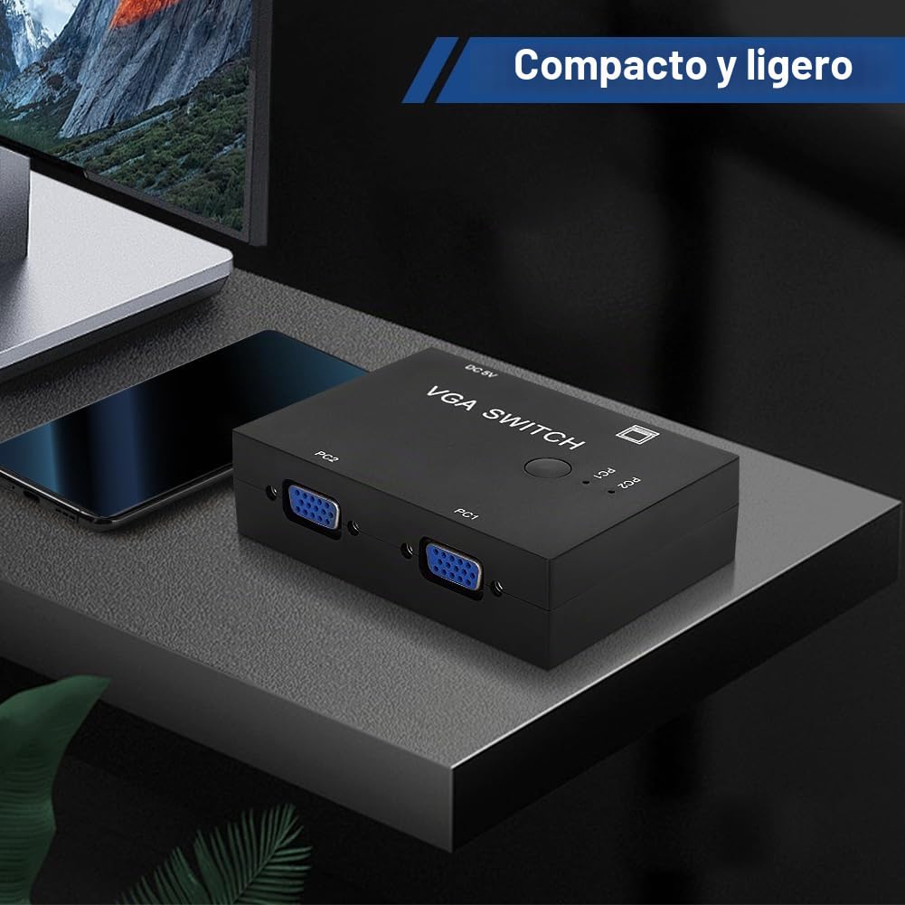 Conmutador VGA de 2 PC a 1 Monitor, VGA Switch 2 Entradas 1 Salida Caja de Selección Splitter Adaptador VGA Resolución, para Ordenador PC Portátil Sobremesa Soporte VGA XVGA SVGA UXGA
