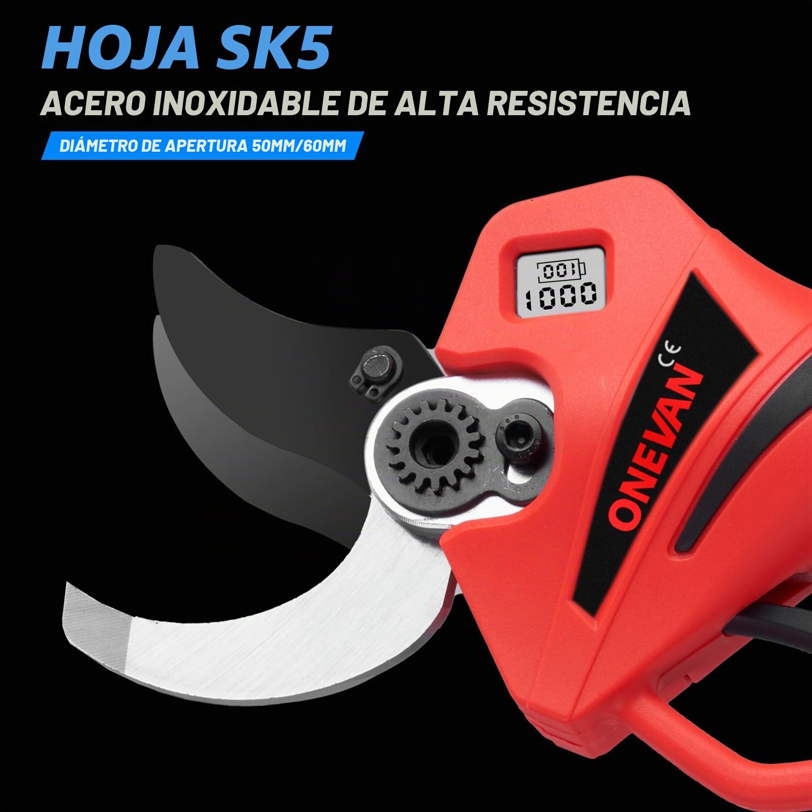 ONEVAN podadora electrica bateria, diámetro de corte de 45 mm, tijeras de podar electricas con 2 baterías de 2,0 Ah, sin escobillas, pantalla LCD, tesoura de podar para jardines