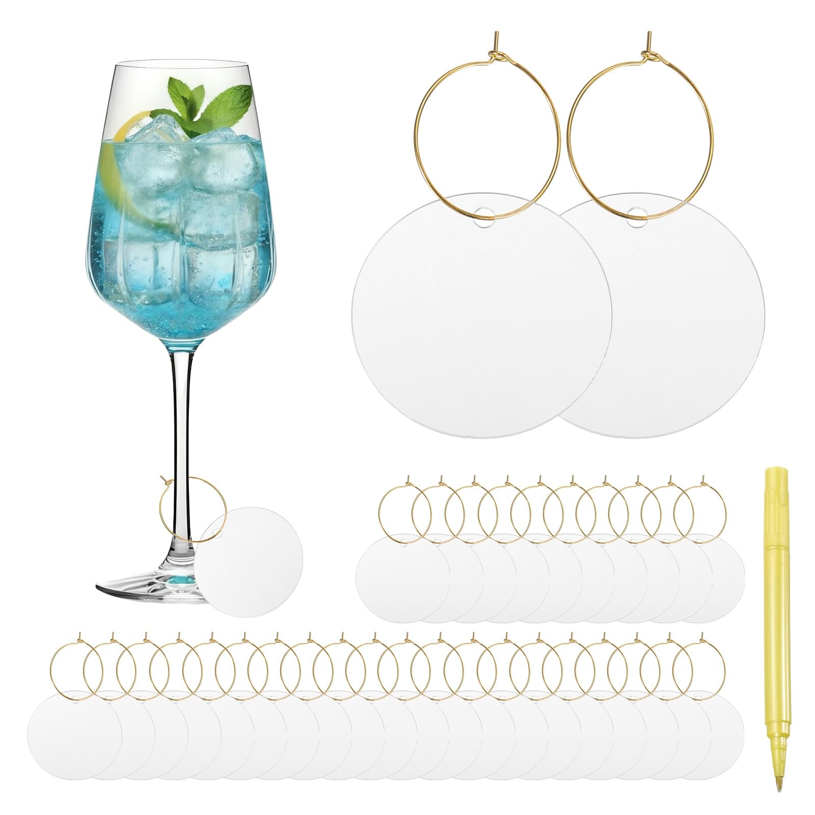 sourcing map 40 Pcs Wine Glass Charm with Ring Tags, Drink Glass Identifiers Acrylic Keychain Blanks with Gold Marker for Stem Glasses Wedding Party Birthday DIY Craft, Clear Round