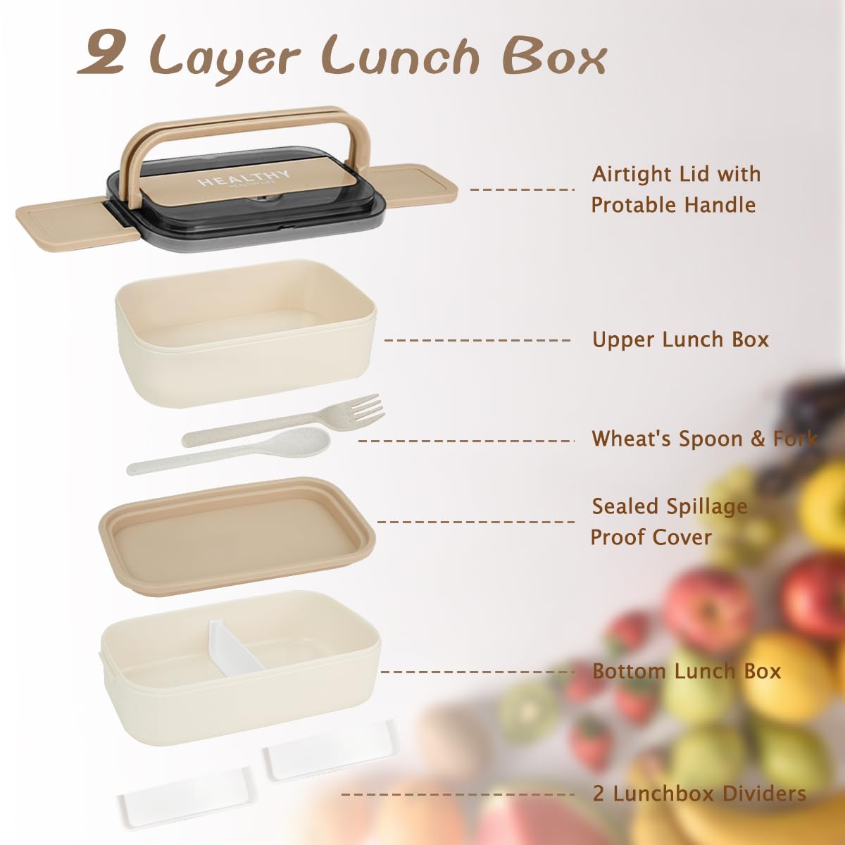 Mulaibdin Bento Lunch Box, Lunch Box Adults Kids Leakproof, Lunch Box with & Cutlery Lunch Bag - Image 3