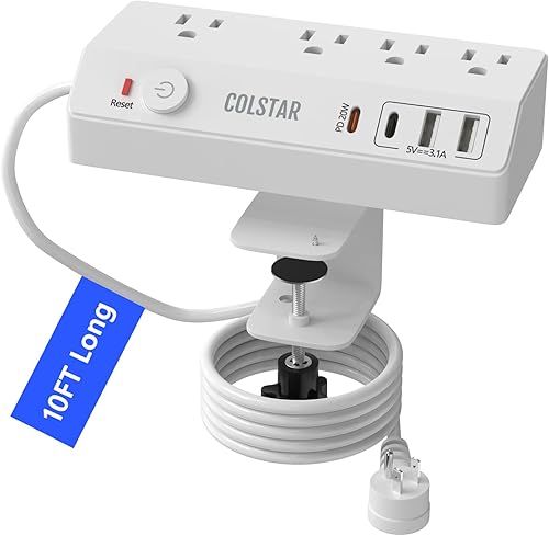 Regleta de alimentación con abrazadera de escritorio 4 salidas de CA, 2 USB-A, USB-C PD 20W, cable de extensión de 10 pies, se sujeta de forma