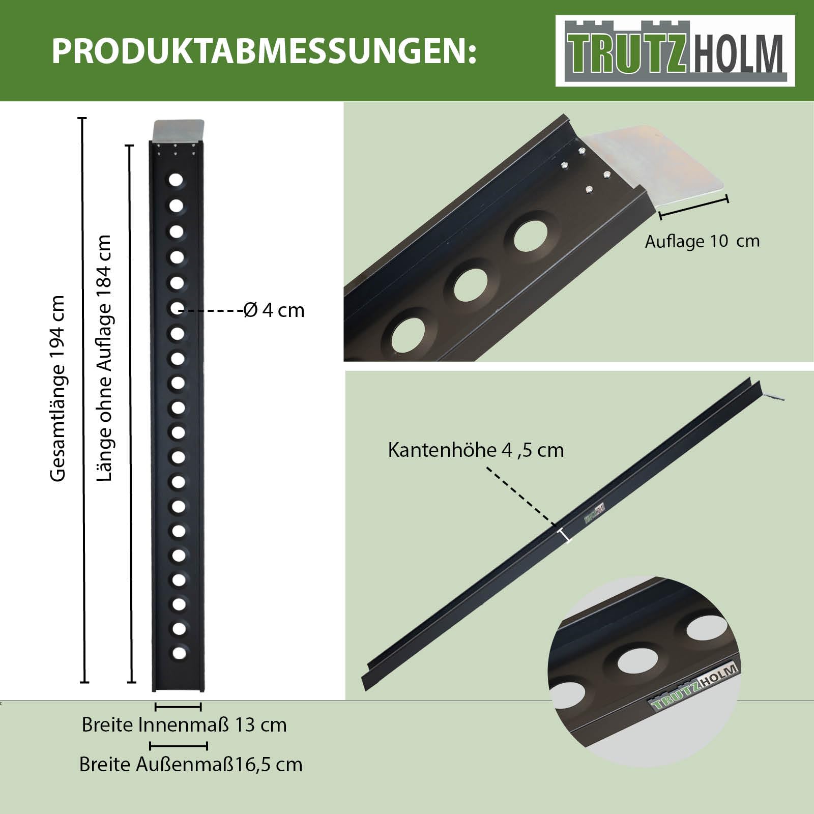 TRUTZHOLM Auffahrschiene Aluminium Gesamtänge 194 cm Traglast 200 kg Verladeschiene Auffahrrampe leicht starr für leichte Motorräder Mopeds E-Bike Rampe Fahrradrampe inkl. 1x Spanngurt in schwarz