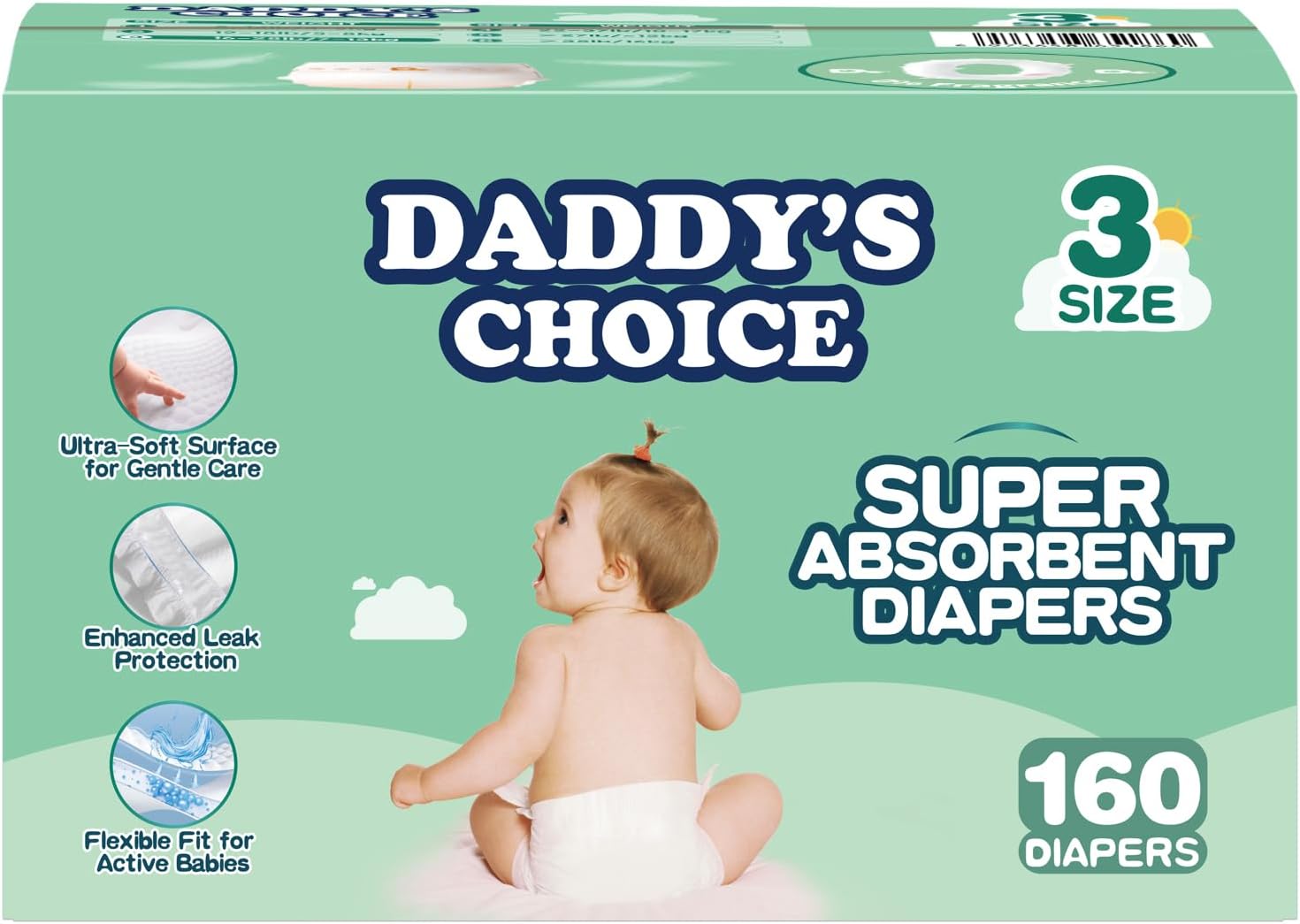 Size 3 Super Soft Diapers 0% Chlorine Daddy's Choice Disposable Baby Diapers (16-28 lbs) 160ct [Safe and Pure, It’s Daddy’s Choice]