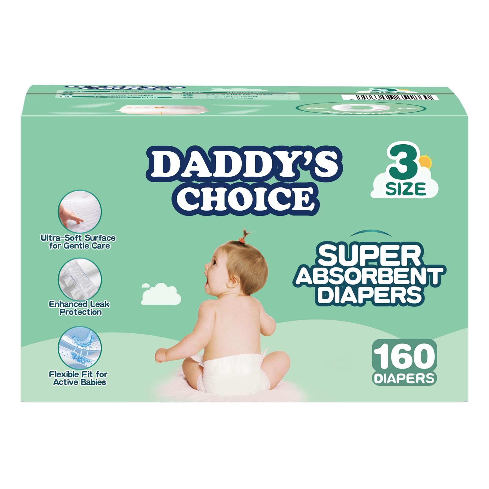 Size 3 Super Soft Diapers 0% Chlorine Daddy's Choice Disposable Baby Diapers (16-28 lbs) 160ct [Safe and Pure, It’s Daddy’s Choice]