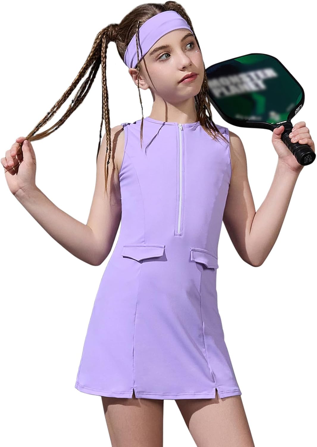 Perfashion Girls Tennis Dress Zipper Golf Athletic Outfit Drop-Waist Pickleball Built-in Bra & Shorts 4-13Y