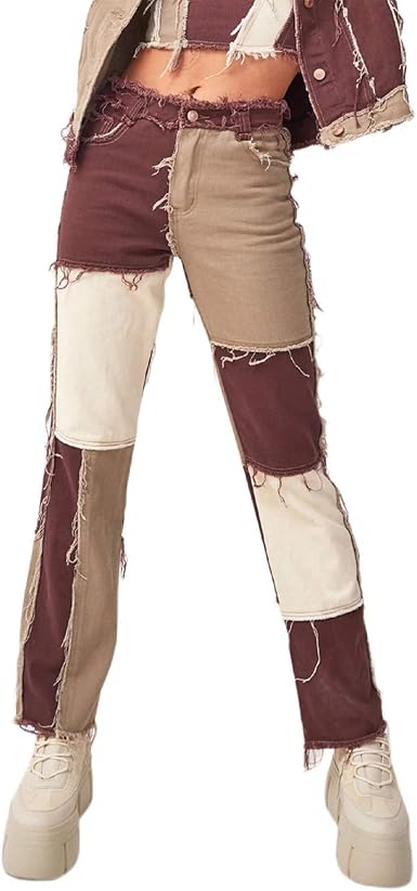 Amazon.com: Pantalones vaqueros para mujer de color block patchwork cintura  alta rasgados borla pantalones flojos rectos de mezclilla trompeta  pantalones, Palazzo, M : Ropa, Zapatos y Joyería