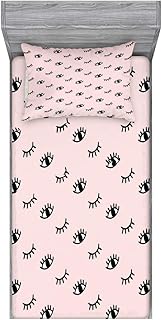 Ambesonne Eyelash Fitted Sheet & Pillow Sham Set, Doodle Style Open and Closed Eyes Hand Drawn Sketch Abstract Kids Design, Decorative Printed 2 Piece Bedding Decor Set, Twin, Rose Dark Grey