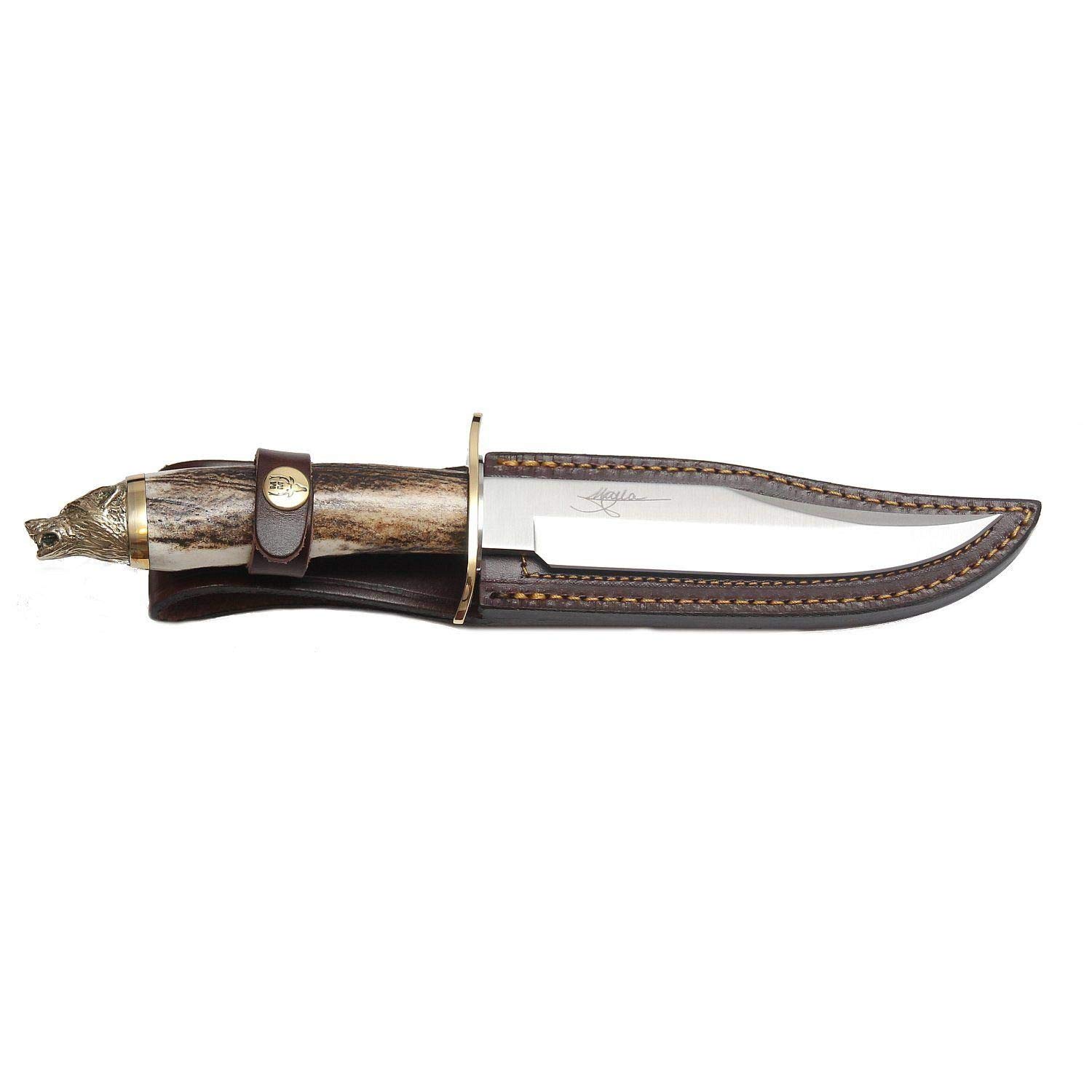 Muela Cuchillo WOLF-16A hoja de acero ACX-380 de 16 cm y empuñadura de asta de ciervo para Caza, Pesca, Supervivencia y Bushcraft Realizado en Ciudad Real + Portabotellas de regalo