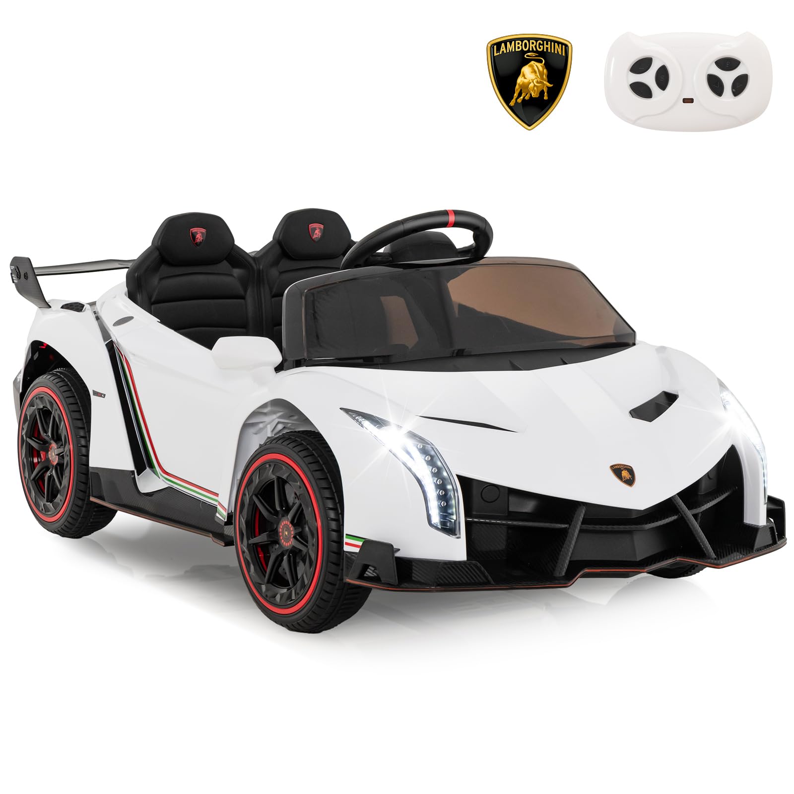 COSTWAY Lamborghini 12V Coche Eléctrico para Niños con Control Remoto 2,4G, 3 Velocidades, Puertas Hidráulicas, Luces LED, Blanco