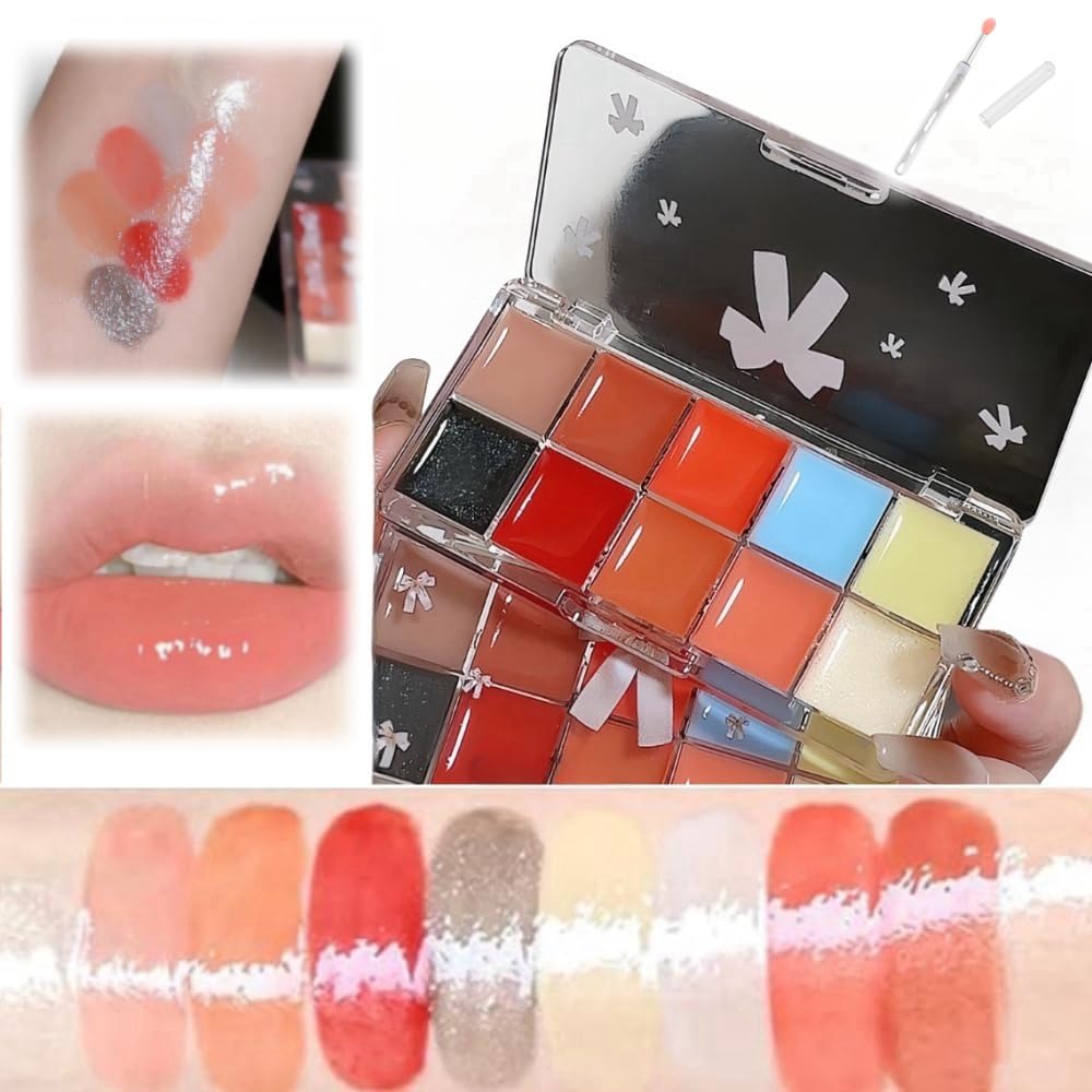 Jelly Lip Gloss Palette,10 Colors Lip Cream Palette with Brush,Jelly Lip Cream,Long-Lasting Lip Gloss,Vibrant Lip Shades For Women Girls (Warm Palette, one size)
