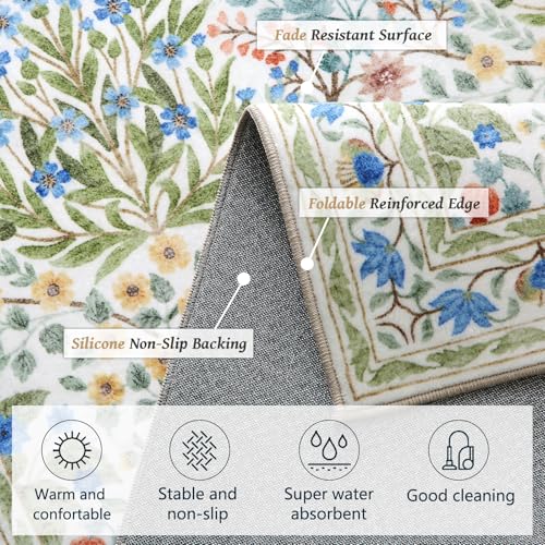 Image of Washable 8x10 Area Rug - Light Green Oriental Design for Living Room, Bedroom, Dining Room & Under Kitchen Table - Stain Resistant, Non-Slip Large Rug